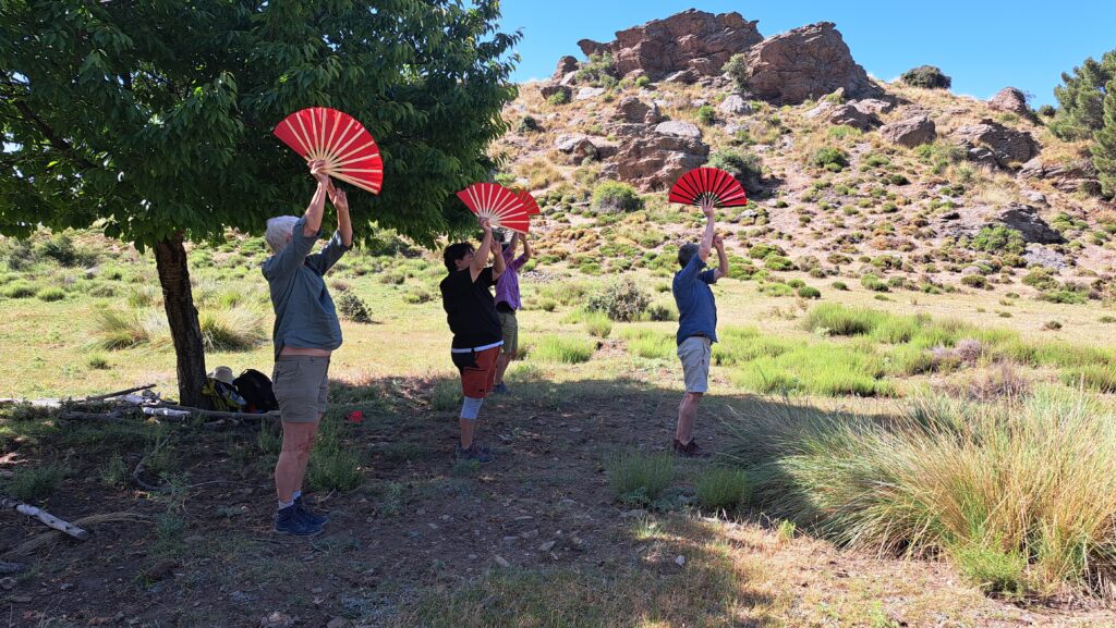 Foto Menschen praktizieren Taiji-Fächer auf einer Wiese mit Blick auf Felsen