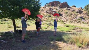 Foto Menschen praktizieren Taiji-Fächer auf einer Wiese mit Blick auf Felsen